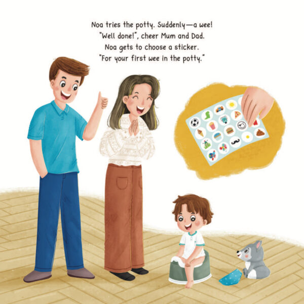 Page from Noa's Potty Training Journey: Noa gets a sticker for his first pee in the potty